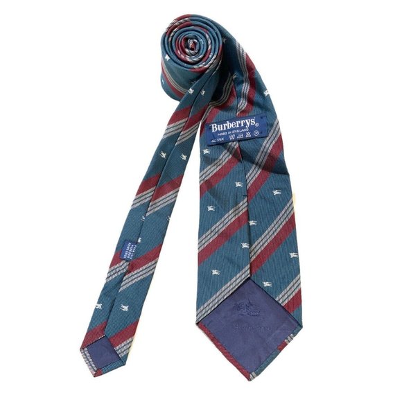 BURBERRYS Green Striped Monogrammed Logo Silk Tie ENGLAND 59"/ 3.2" EC - Picture 1 of 4